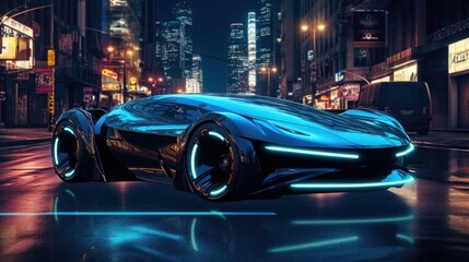 The futuristic car at night in the middle of the street, a futuristic background. Created using generative artificial intelligence technology.