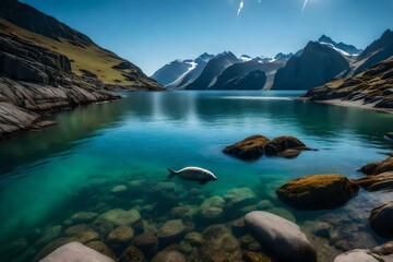 A transparent fjord with seals basking on the rocks and fish swimming below