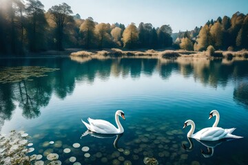 A transparent lake with swans gracefully gliding across the surface