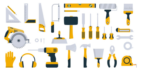 Carpenter tools vector collection - Set of illustrations with various hand tool, like hammer, saw, screwdriver, drill etc. Flat design on white background