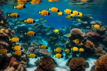 Fototapeta na wymiar A tropical reef with transparent water and a school of vibrant angelfish