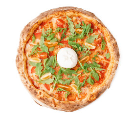 Tasty pizza with Burrata cheese on white background