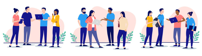 Casual office people talking - Collection of businesspeople working on computers and devices having conversation and discussion about business and work. Flat design illustration with white background