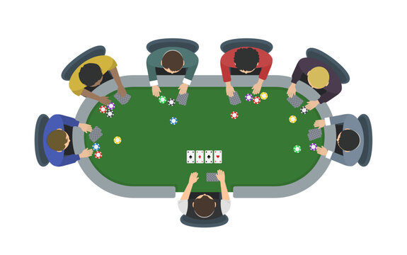 People playing poker game on the table top view. Dealer and six players play gambling with cards and chips. Vector illustration concept. Flat design. For printing, web, banners, posters, infographics.