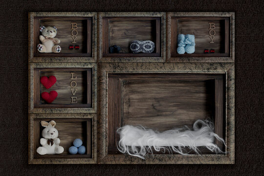 Newborn digital backdrop with wooden rustic boxes, pilot glasses, toys, teddy bear, handmade crochet hearts and baby space. smoophy oil paint. Newborn boy background. Front view.