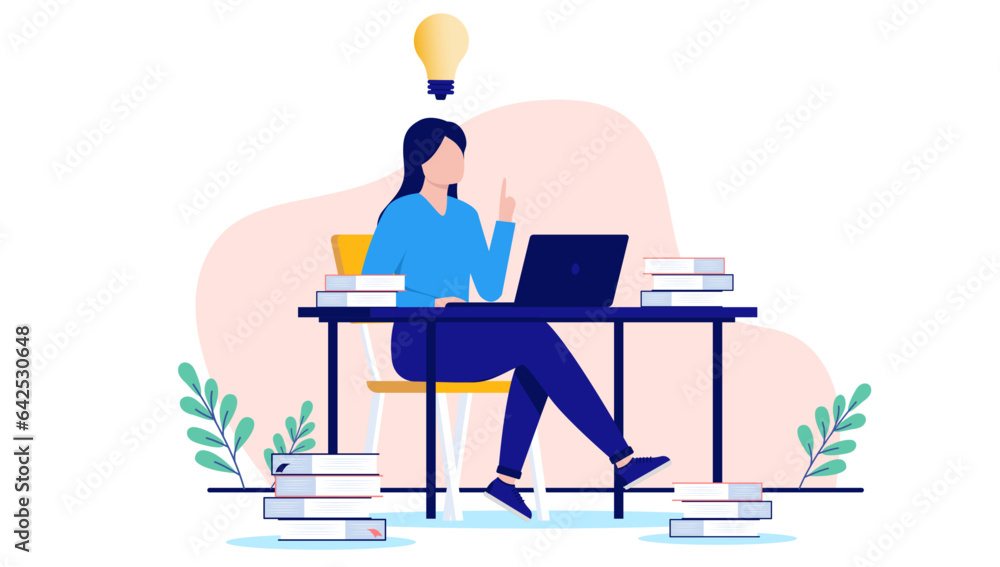 Poster woman with idea - female person sitting at desk with laptop computer doing research work, learning a