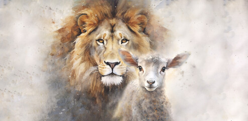 Symbolic Unity: Watercolor Image of Lion and Lamb Embodying Christian Beliefs - obrazy, fototapety, plakaty