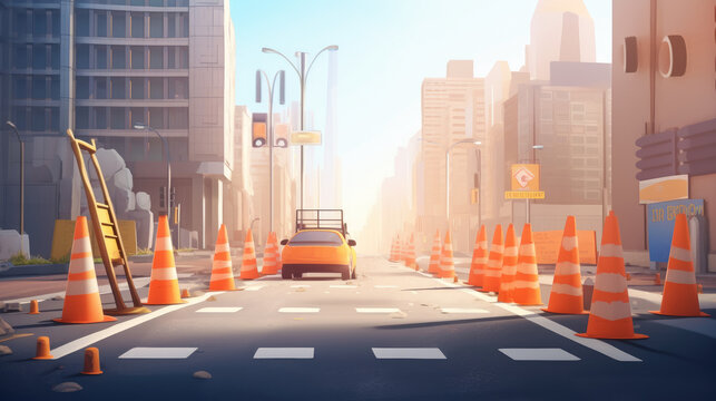 Road under construction cityscape street view with hole in asphalt pavement fenced with traffic cones and warning sign. vector image