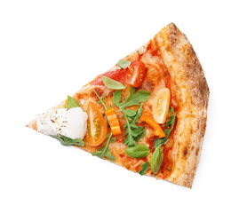 Slice of tasty pizza with Burrata cheese on white background