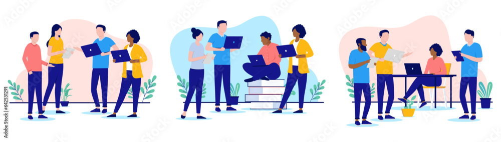 Fototapete office people working collection - set of vector illustration with casual businesspeople talking and