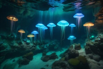 An artistic representation of a secret underwater cavern with glowing jellyfish