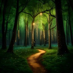 An enchanting forest illuminated by the soft glow of fireflies, creating a magical and ethereal atmosphere
