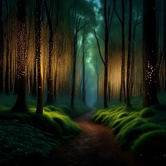 An enchanting forest illuminated by the soft glow of fireflies, creating a magical and ethereal atmosphere