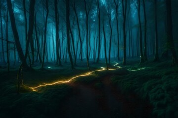 An ethereal lightning forest, illuminated by streaks of lightning that create mesmerizing paths for walking