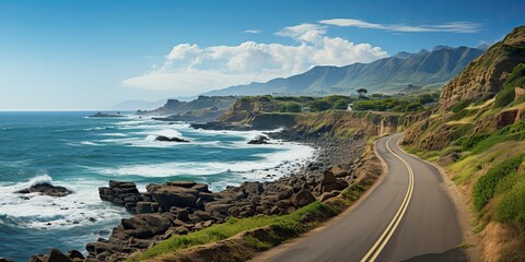 AI Generated. AI Generative. Road at coastline beach sea ocean adventure journey trip travel landscape background. Road trip motivational inspirational vibe 