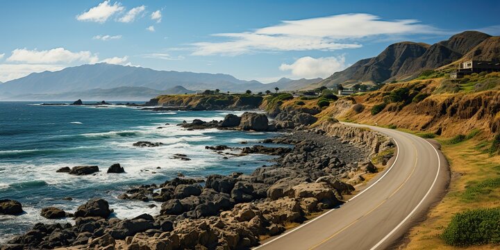 AI Generated. AI Generative. Road at coastline beach sea ocean adventure journey trip travel landscape background. Road trip motivational inspirational vibe - Powered by Adobe