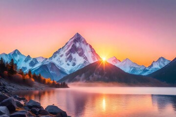 Artwork showcasing the majesty of a sunrise over a towering mountain peak.
