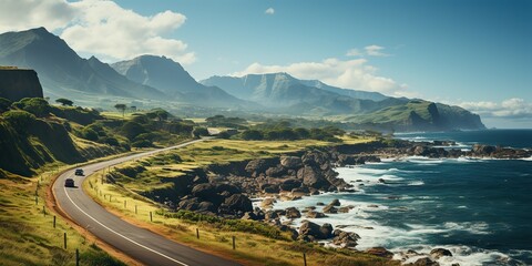 AI Generated. AI Generative. Road at coastline beach sea ocean adventure journey trip travel landscape background. Road trip motivational inspirational vibe 