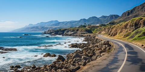 AI Generated. AI Generative. Road at coastline beach sea ocean adventure journey trip travel landscape background. Road trip motivational inspirational vibe