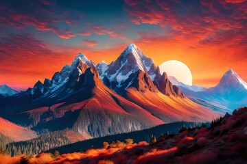 Fototapeta na wymiar Artwork that depicts a serene sunrise over a rugged mountain peak. The sky is adorned with a symphony of colors