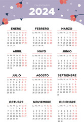calendario 2024 en español, con fondo de flores.  - obrazy, fototapety, plakaty