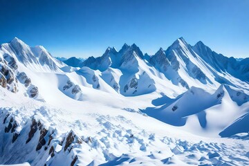 Snow-capped mountains, standing tall against a clear blue sky. The rugged peaks and pristine white snow create a breathtaking scene of natural beauty