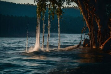 The flow of water in sea and the picture captured from the side of a old bulky tree bracnhes in evening
