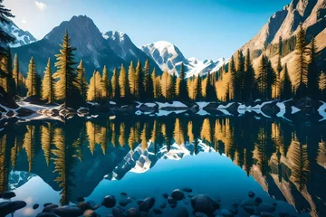 Wall murals Reflection The grandeur of towering mountains reflected in a crystal-clear alpine lake. The mirror-like surface enhances the stunning vista