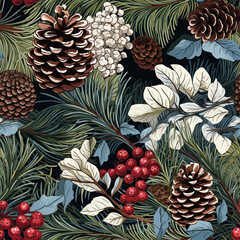 Seamless Pattern of Fir Branches and Cone