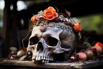 An altar with an old skull decorated with a wreath of orange roses. The day of the Dead - obrazy, fototapety, plakaty