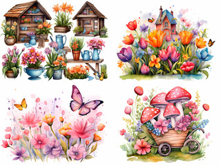 Fototapeta premium Watercolor spring theme isolated botanical clipart set on a white background. constructor elements. decoration for postcards, invitations, crafts, art projects, cards. 