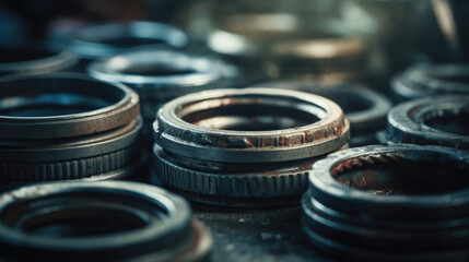 Steel parts for industrial machinery round shape. Selective toning. Close up.