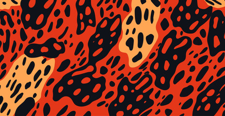 Seamless Abstract Animal Print, Black Shapes & Red Tones. '60s & '70s Vector for Fashion & Interior Design