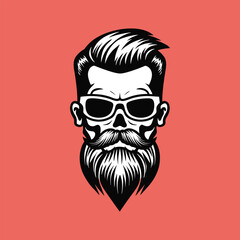  A stylish barbershop logo features a skull man with slicked back hair, beard, and mustache