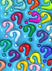 Question marks on a blue background, inflated figures. 3D rendering illustration