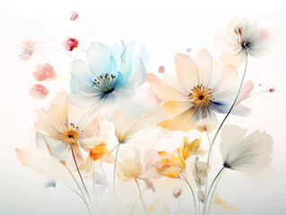 Watercolor abstract transparent flower wallpaper on a white background. minimal style wallpaper with golden line art flower and botanical leaves for crafts, scrapbooking, art projects