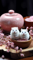 Obraz na płótnie Canvas Two white mice in a bowl with pink flowers and tea pot on a wooden trivet posing for camera. 