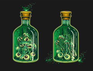Hand drawn bottle of green poison, potion with eyeballs, mushrooms, grass inside. Halloween creepy illustration in vintage style on black background.