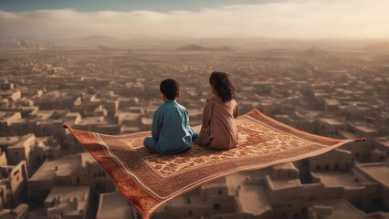 An Arab boy and girl flying over a cityscape ontop of a magic carpet.