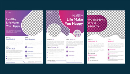Set of medical Flyer, annual report, flyer design templates in A4 size. Vector illustrations for medical, healthcare, pharmacy presentation, document cover and layout template designs.