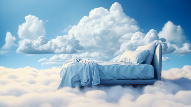 bed stand in a blue fluffy cloud in the sky symbolic for good sleep