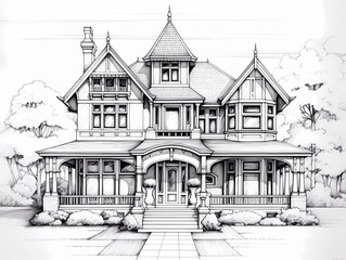 Architectural drawing of victorian home with landscaping. Black and white front facing sketch of house.   - obrazy, fototapety, plakaty