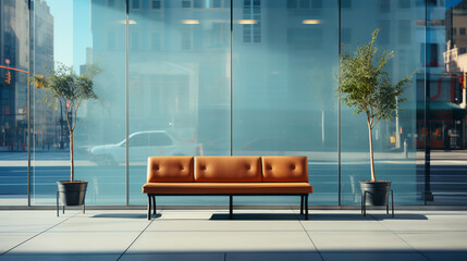 Sofa and two trees - large window - city street 