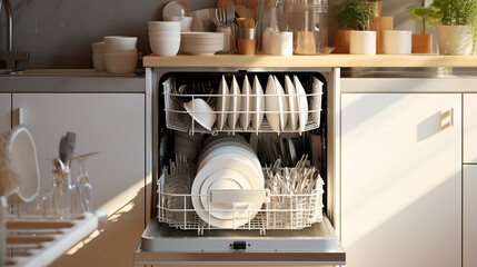 Appliance machine housework kitchen dish cleaning plate modern household domestic home hygiene dishwasher - obrazy, fototapety, plakaty