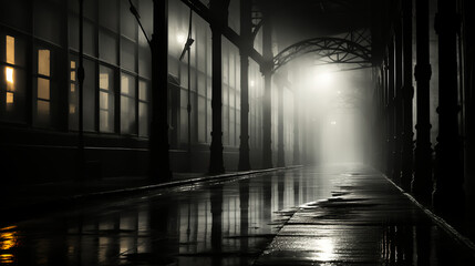 Dark mysterious alleyway shrouded in fog - black and white 