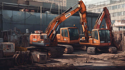 Vector illustration. Buildings and special equipment on the construction site.