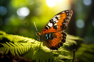 Fototapeta na wymiar Butterfly On Green Leave, Butterfly