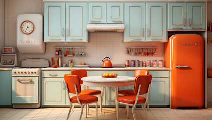 20th Century Kitchen with Pop-Culture-Infused Red Fridge and Chairs. AI Generated.