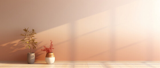 Mockup - pomarańczowa ściana z cieniem do prezentacji produktu - obrazu. Wazon na podłodze z kwiatami - obrazy, fototapety, plakaty