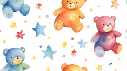 Teddy bears and stars watercolor seamless wallpaper with a white background.  paper for gift wrap, scrapbook, crafts, art projects for kids